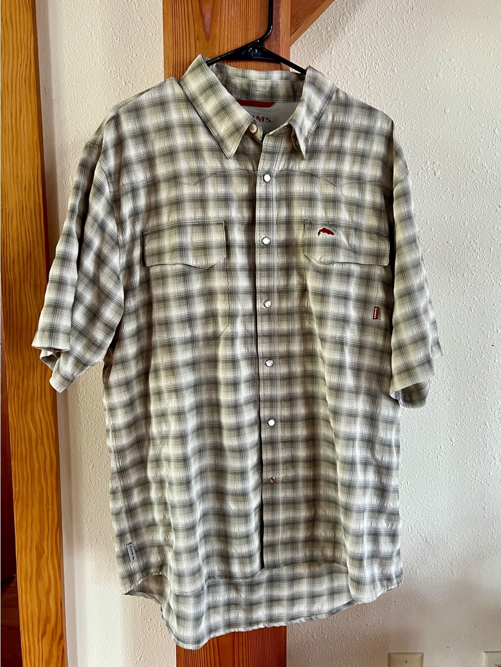 Simms Big Sky Cor3 Short-Sleeve Plaid Buttonin Gray and Cream size extra large